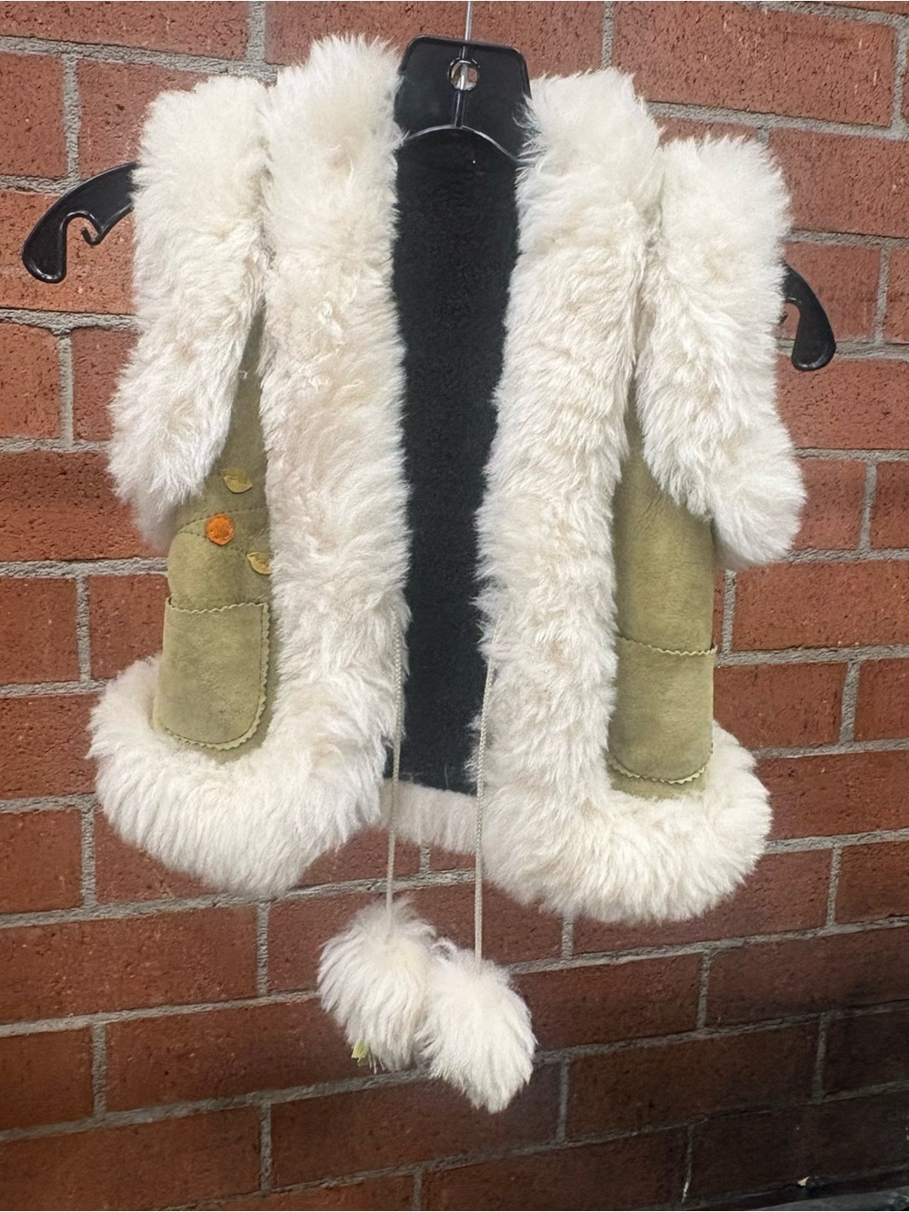 Faux Shearling Vest with Olive Suede Panels and Ivory Fur Trim